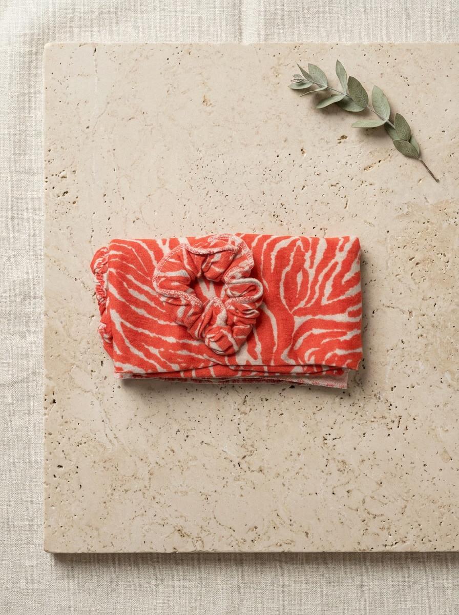 Folded turban on cream linen surface