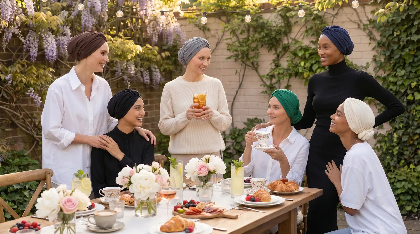 Six women gathered together at a garden brunch, wearing Layelle turbans