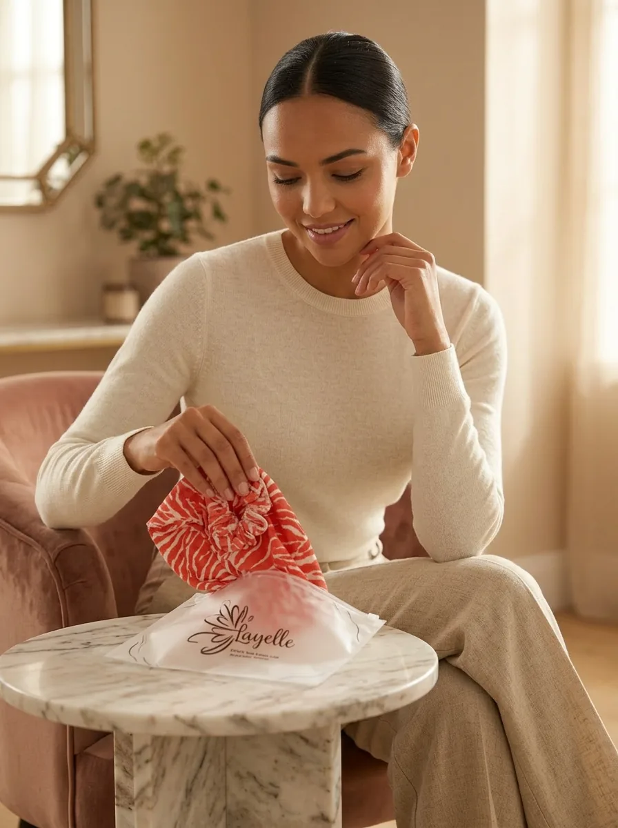 Zara at a side table pulling the folded turban out of the pouch